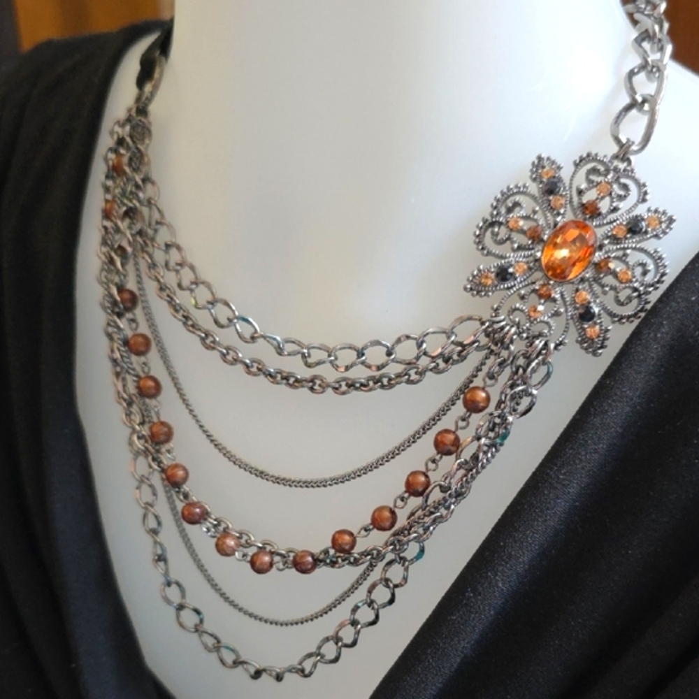 NY Silver and Orange Multi Element Necklace